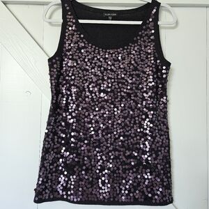 Eileen Fisher 100% merino wool sequin front purple sleeveless knit blouse size S